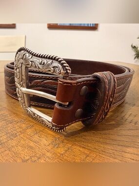 Ariat Brown Leather Western Belt with Ornate Silver Buckle